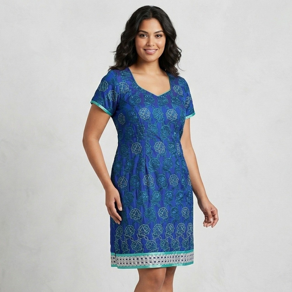 Handmade Blue Floral Metallic Embroidered Kurti Tunic Dress Womens M Boho Ethnic